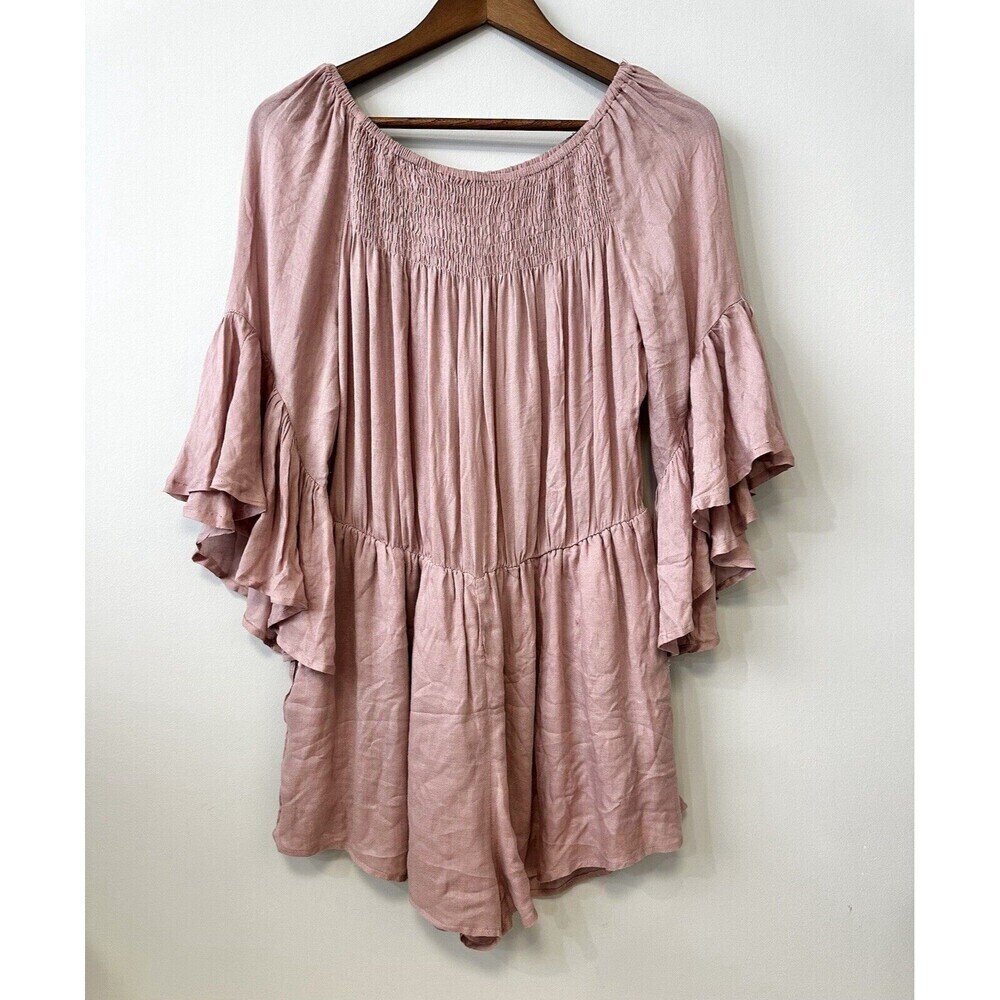 Blueblush Romper Smocked Kimono Sleeve Blush Pink Sz L* 3/4 Sleeve Flutter